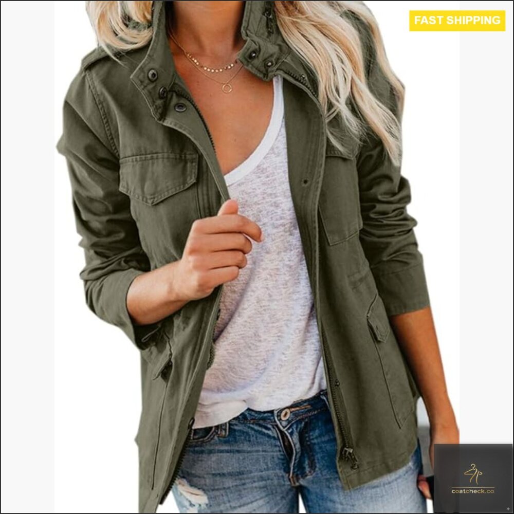 Lightweight Utility Anorak Jacket With Snap Buttons And Drawstring Waist